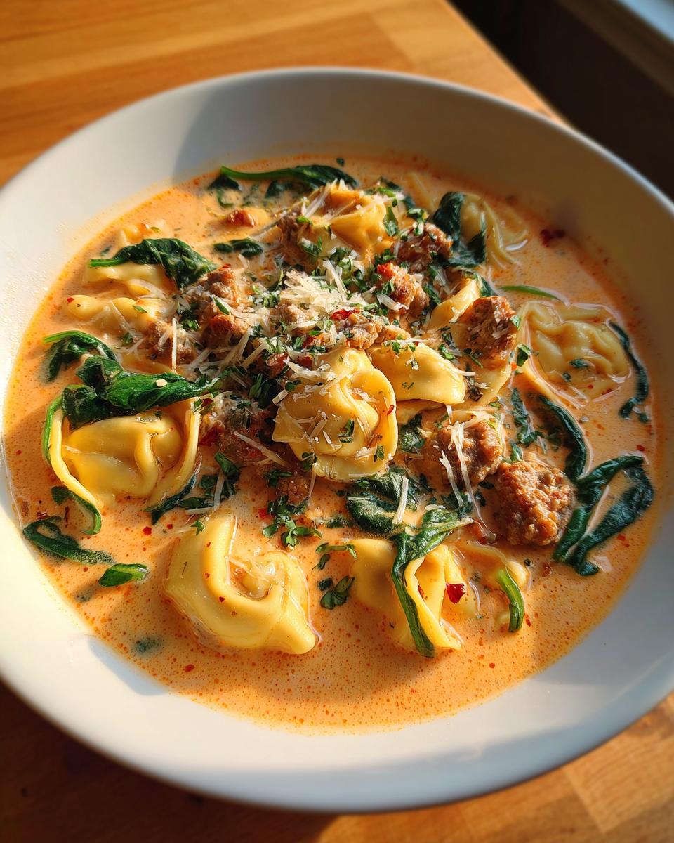 A close-up, overhead view of a bowl of creamy tortellini soup featuring sausage, wilted spinach, and grated Parmesan cheese.