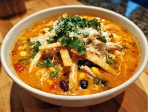 Close-up of a bowl of creamy tortilla soup topped with shredded chicken, black beans, corn, tortilla strips, cheese, and cilantro.