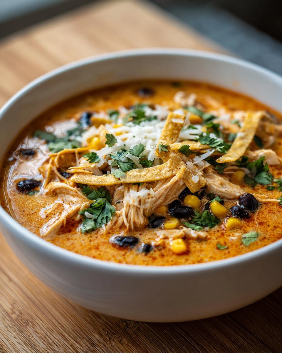 Close-up of a rich, creamy tortilla soup bowl filled with shredded chicken, black beans, corn, and topped with cheese and tortilla strips.
