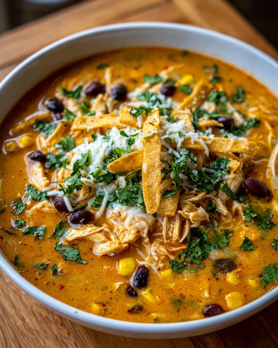 Close-up of creamy tortilla soup loaded with shredded chicken, black beans, corn, cheese, and tortilla strips.