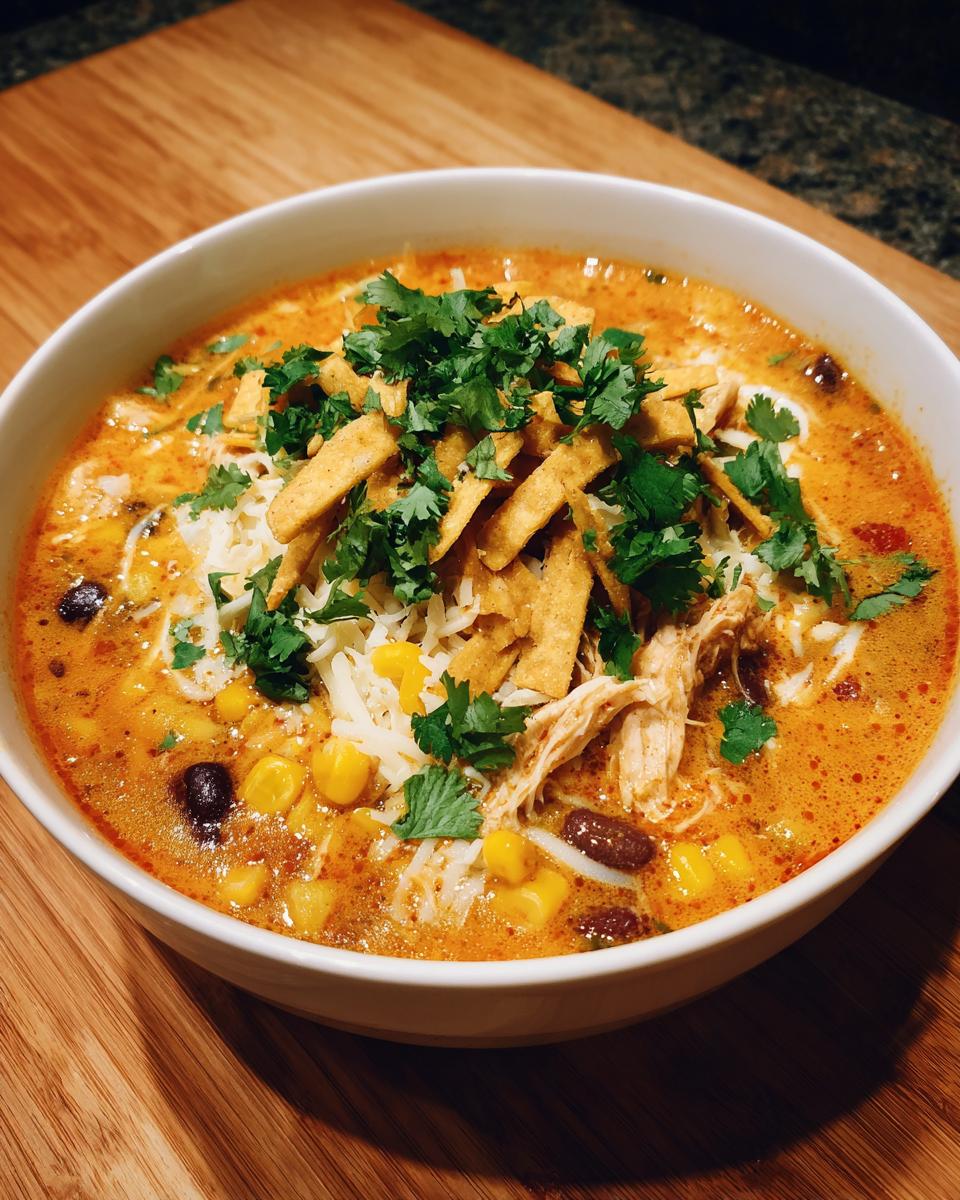 A close-up of a bowl of creamy tortilla soup, featuring chicken, corn, beans, cheese, and fresh cilantro.