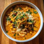 A close-up overhead view of creamy tortilla soup topped with shredded chicken, cheese, corn, beans, and crispy tortilla strips.