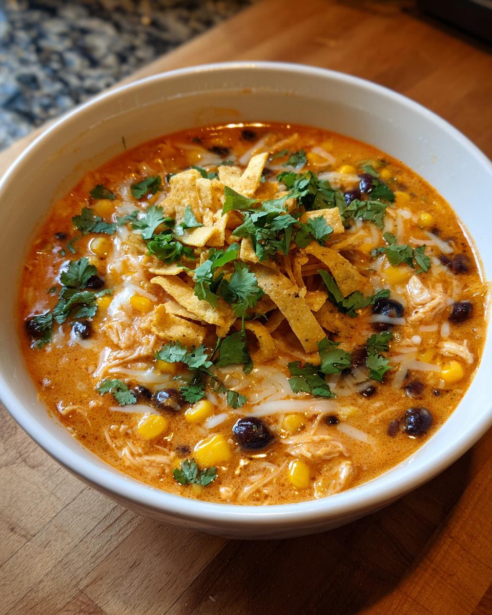 Close-up of a bowl of creamy tortilla soup topped with shredded cheese, corn, black beans, cilantro, and crispy tortilla strips.