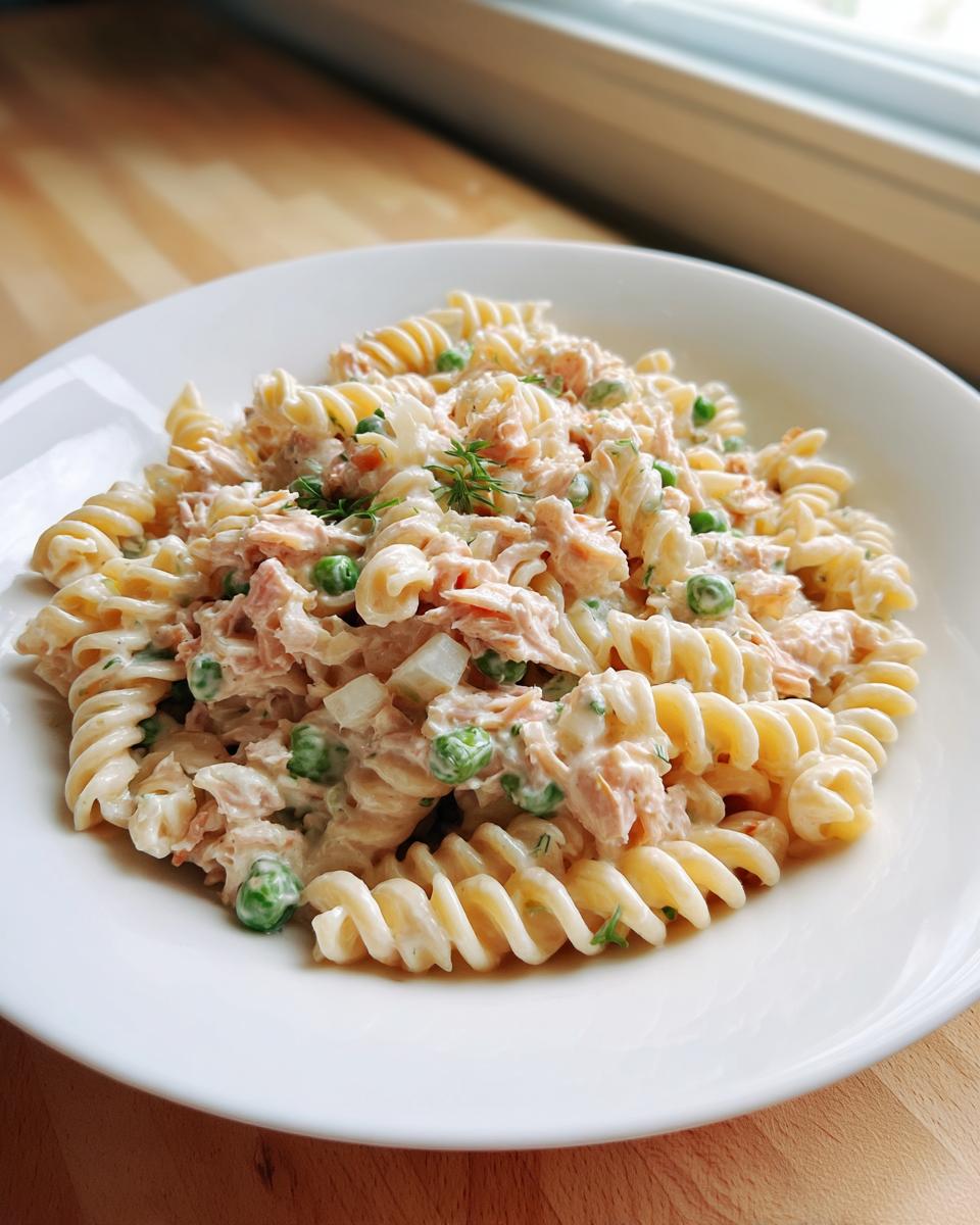 A bowl of creamy tuna pasta salad made with fusilli pasta, green peas, and flaked tuna, garnished with dill.