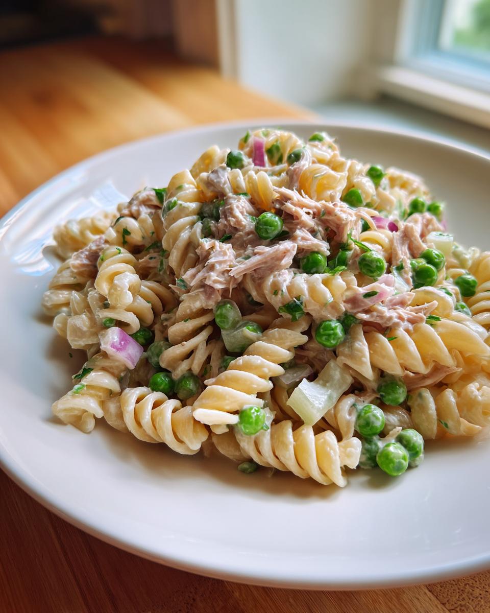 Close-up of a serving of creamy tuna pasta salad made with rotini pasta, bright green peas, and diced red onion.