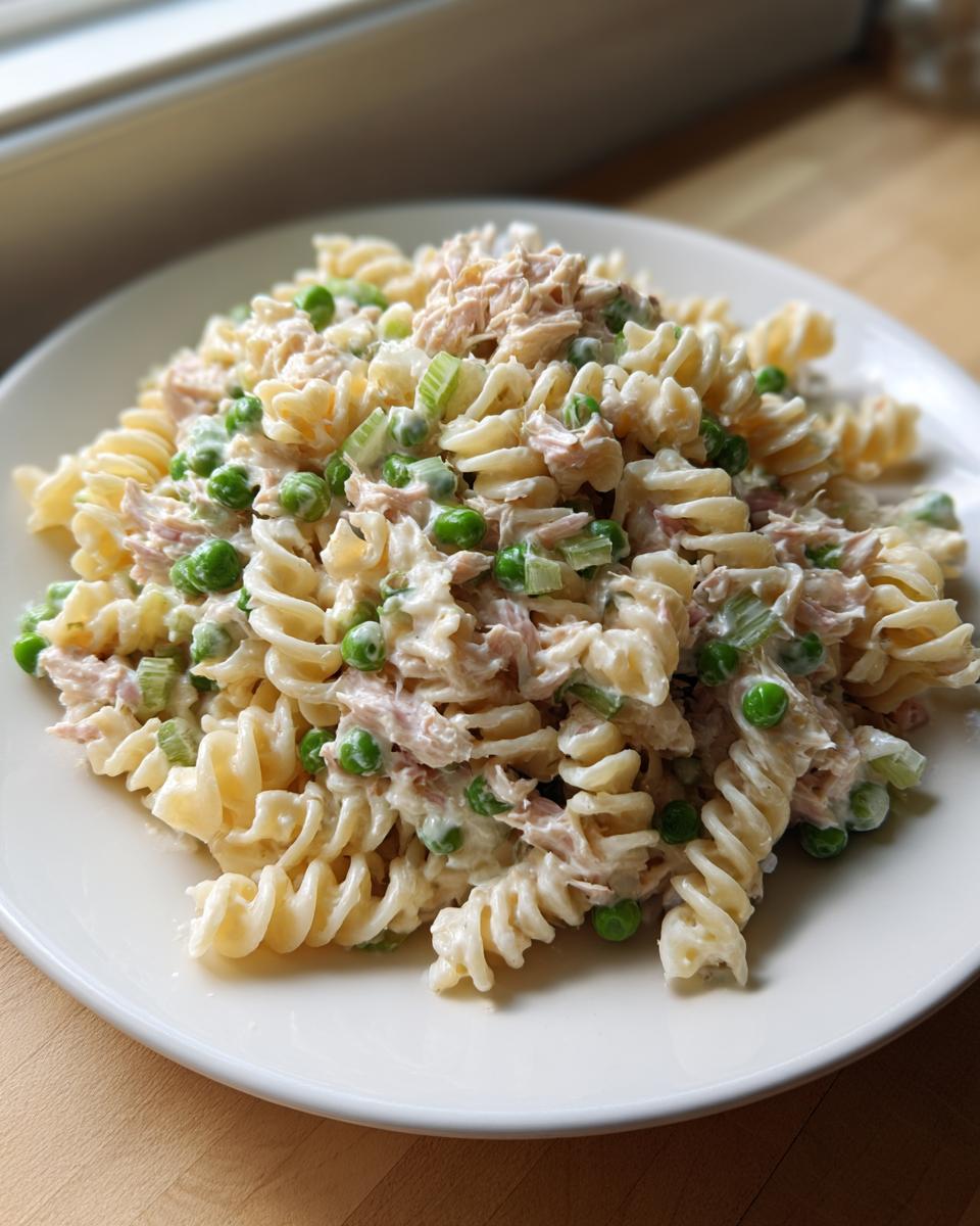 Close-up of a serving of creamy tuna pasta salad made with rotini pasta, peas, and celery.