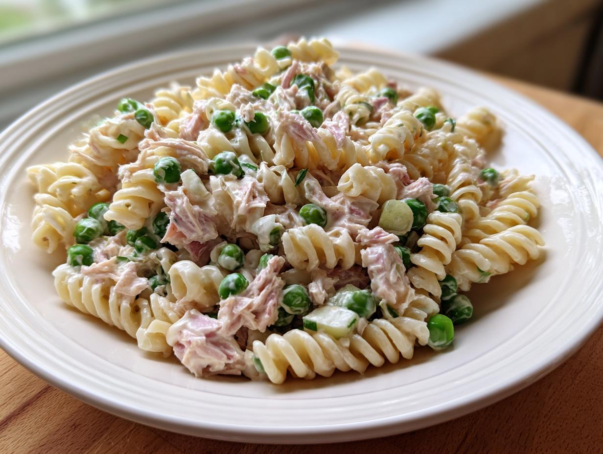 Close-up of a serving of creamy tuna pasta salad featuring rotini pasta, flaked tuna, green peas, and cucumber.