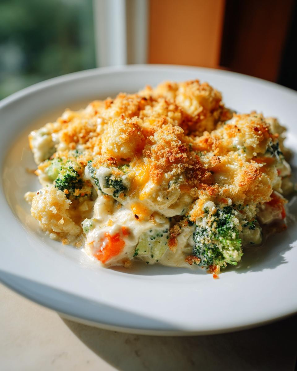A close-up serving of creamy vegetable casserole featuring broccoli and carrots, topped with golden breadcrumbs.