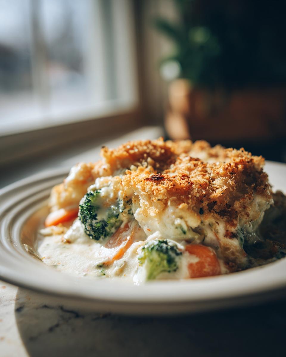 A serving of creamy vegetable casserole featuring broccoli and carrots under a crispy, golden breadcrumb topping.