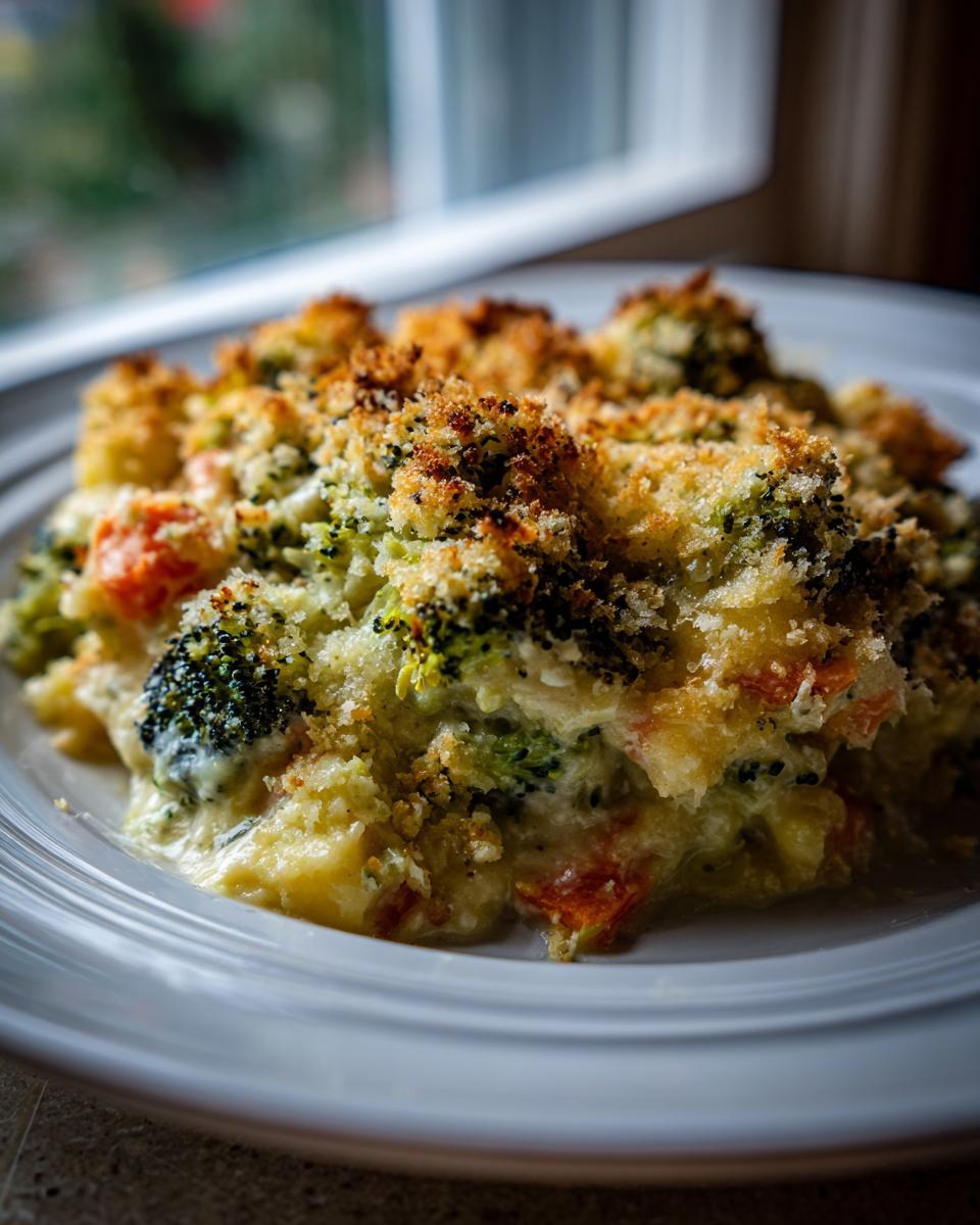 Close-up of a creamy vegetable casserole featuring broccoli and carrots, topped with a golden-brown, crunchy breadcrumb crust.