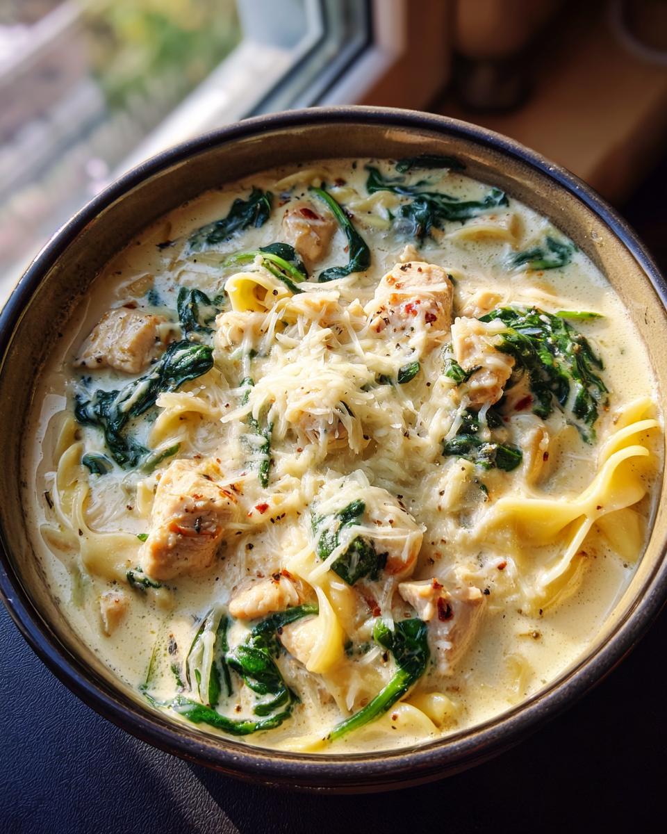 A close-up of a bowl of creamy white chicken lasagna soup, featuring chunks of chicken, spinach, and grated Parmesan cheese.