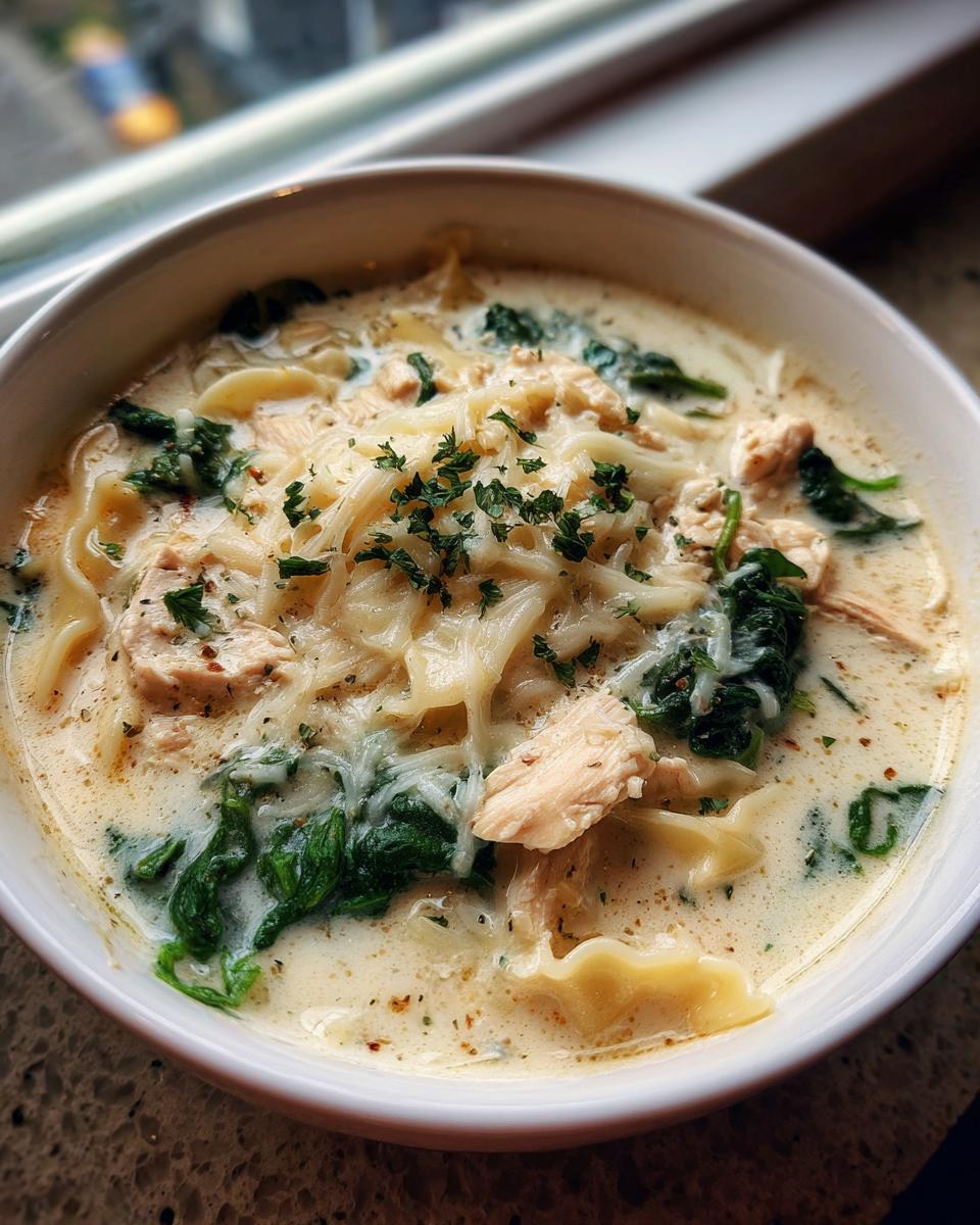 A close-up of a white bowl filled with creamy white chicken lasagna soup, featuring chunks of chicken, spinach, and noodles.