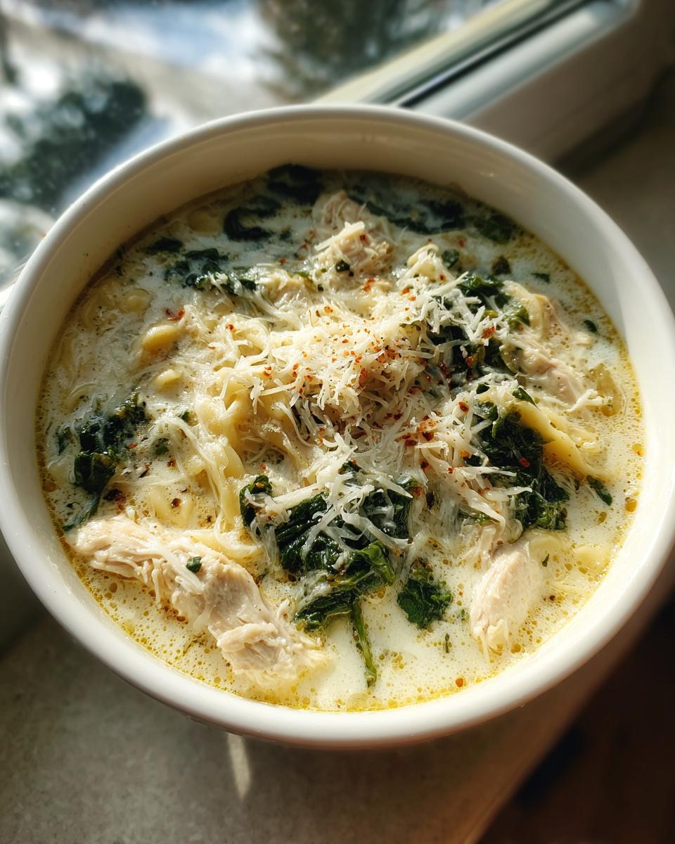 Overhead view of a white bowl filled with creamy white chicken lasagna soup, topped with shredded cheese and spinach.