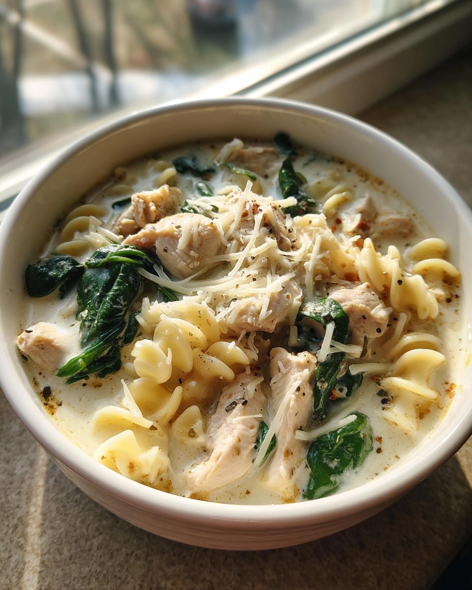 A close-up of creamy white chicken lasagna soup featuring chicken pieces, spinach, rotini pasta, and shredded Parmesan cheese.