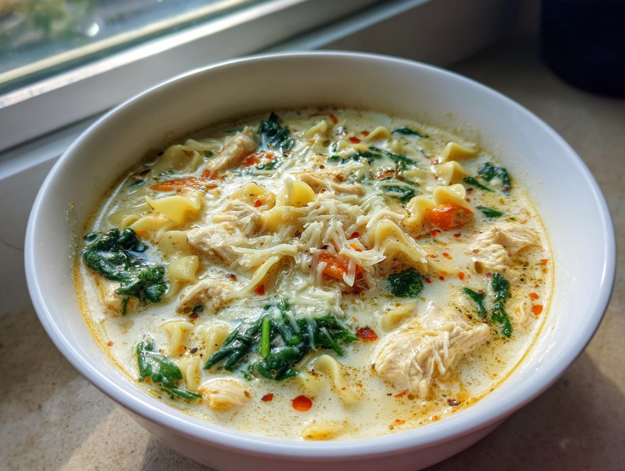 A close-up of a white bowl filled with creamy white chicken lasagna soup, featuring shredded chicken, noodles, spinach, and cheese.
