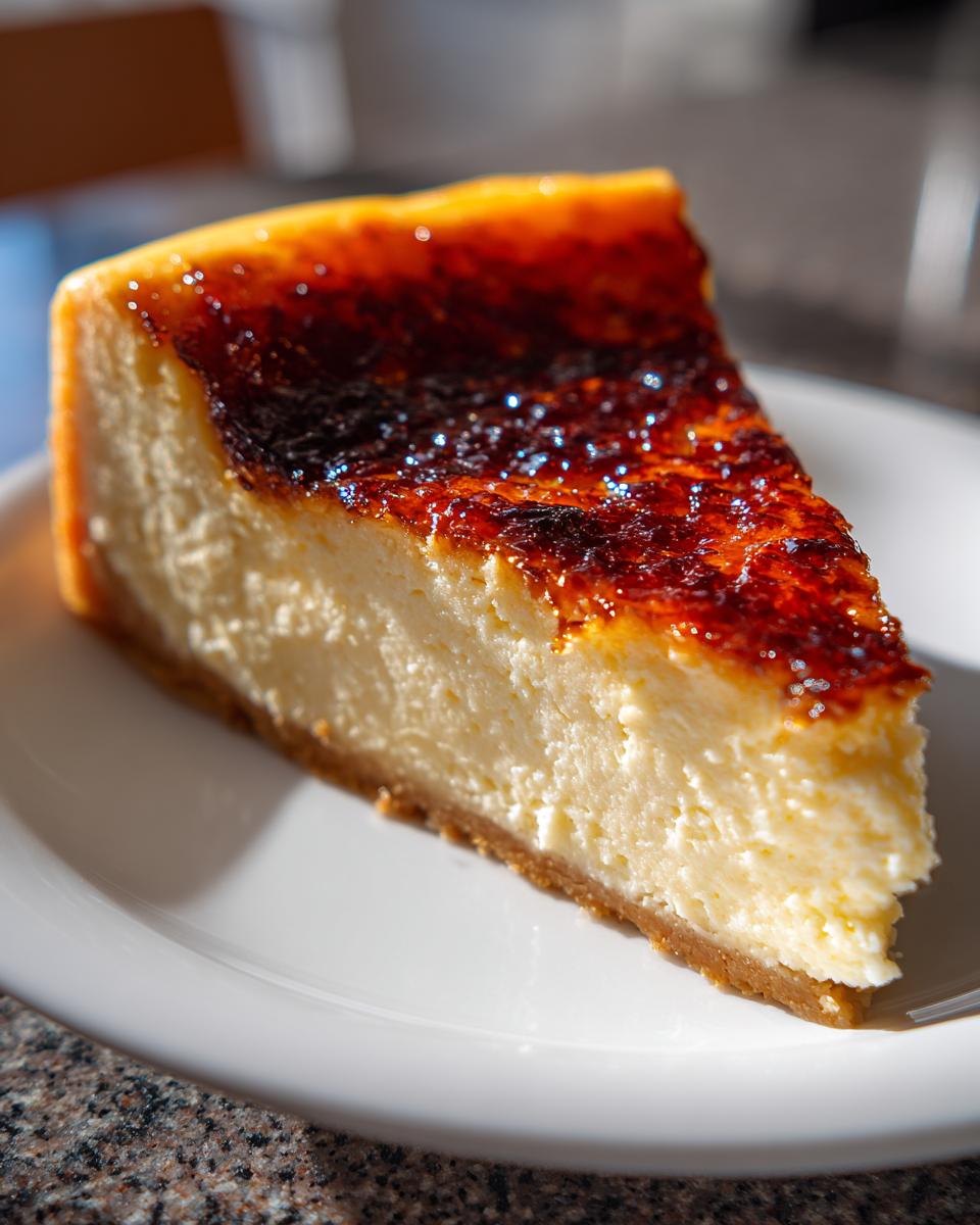 A close-up shot of a perfect slice of creme brulee cheesecake with a dark, caramelized top.