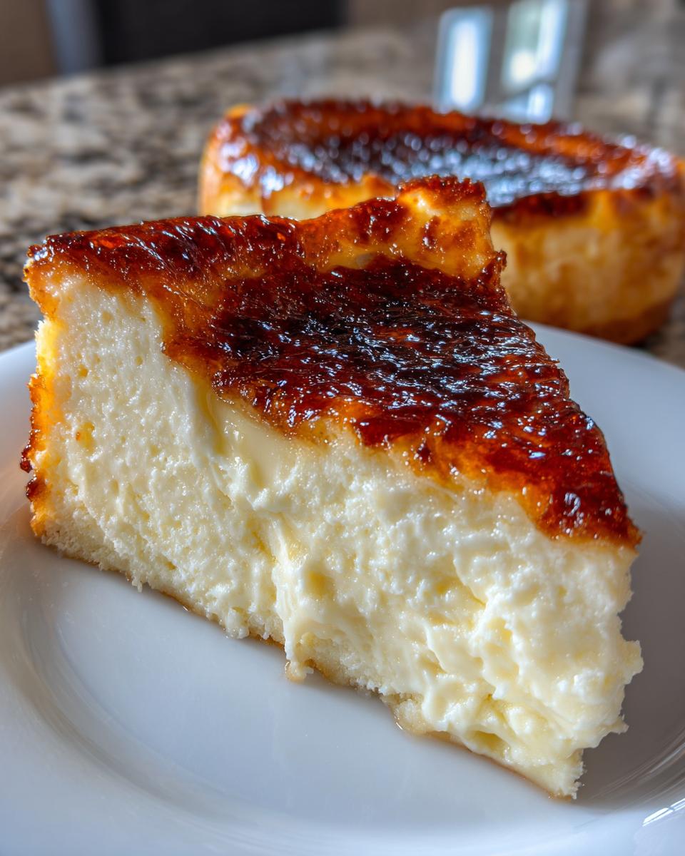 A close-up slice of creamy creme brulee cheesecake featuring a thick, glossy, caramelized torched sugar topping.