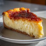 A close-up of a creamy slice of creme brulee cheesecake featuring a thick, caramelized, torched sugar crust.