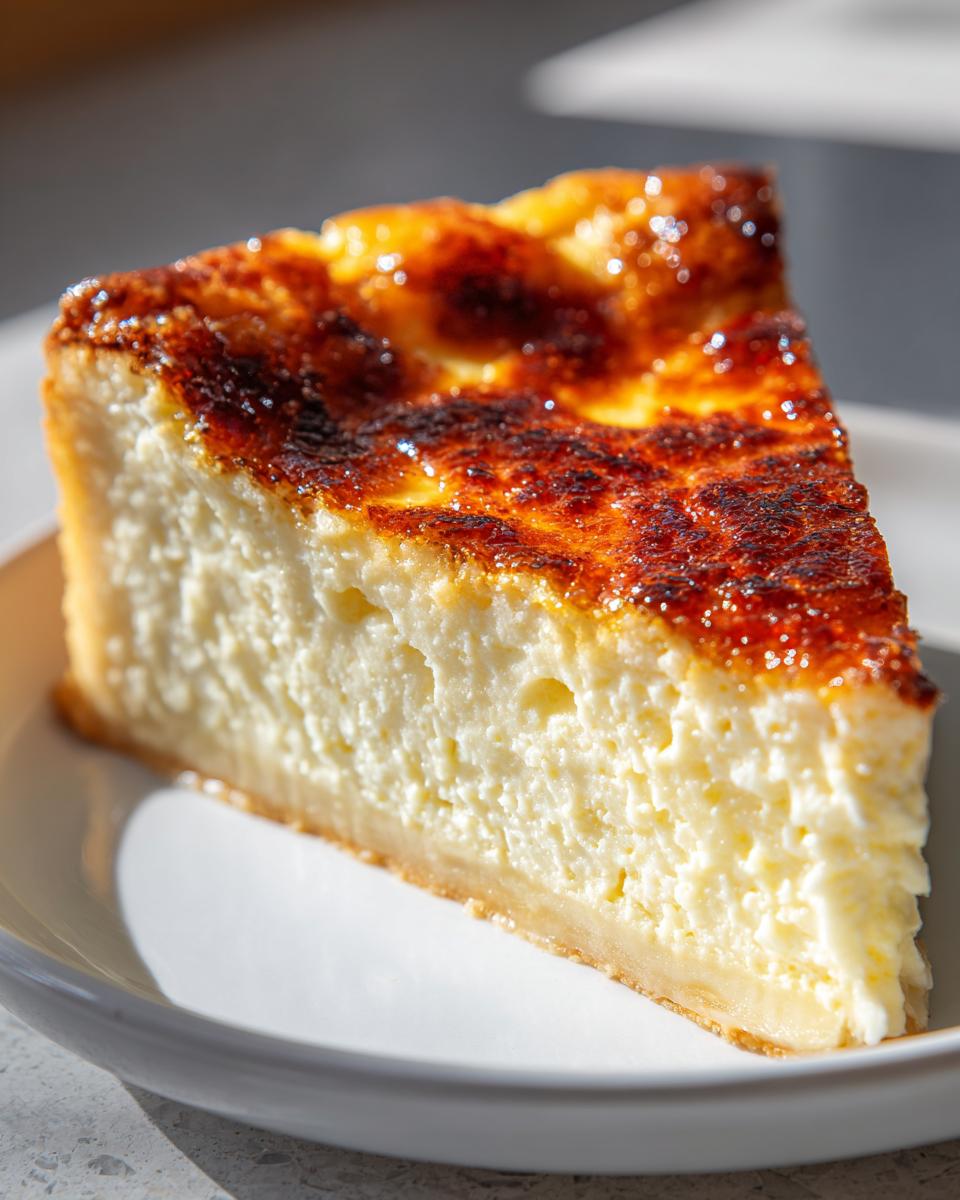 A close-up slice of creme brulee cheesecake showing a creamy interior and a perfectly caramelized, torched sugar top.