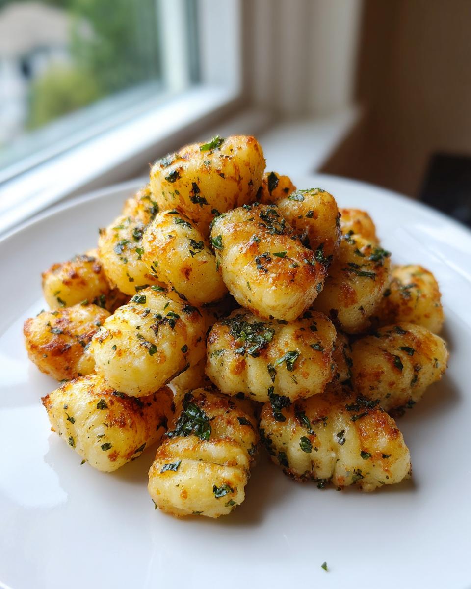A mound of golden, crispy air fryer gnocchi seasoned with herbs on a white plate.