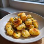 A bowl of golden, crispy air fryer gnocchi topped with grated Parmesan cheese and fresh parsley.