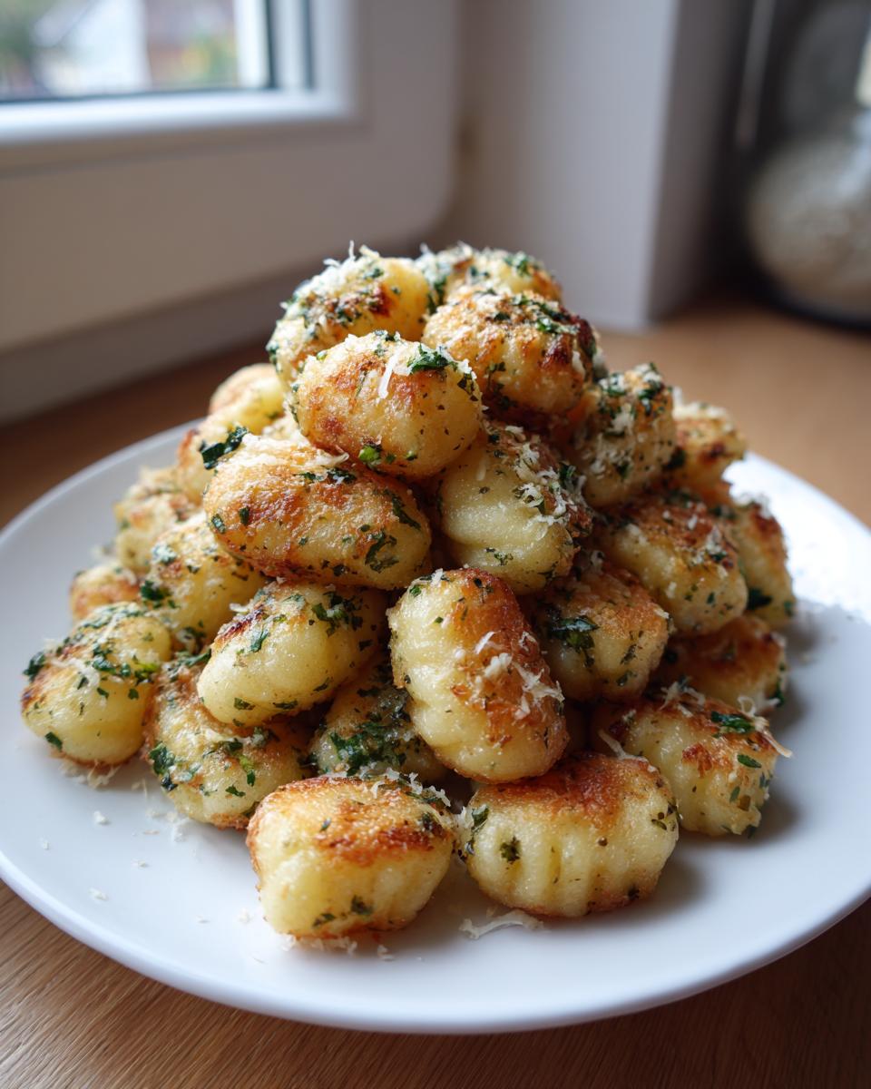 A mound of golden, crispy air fryer gnocchi topped with grated Parmesan cheese and chopped parsley on a white plate.
