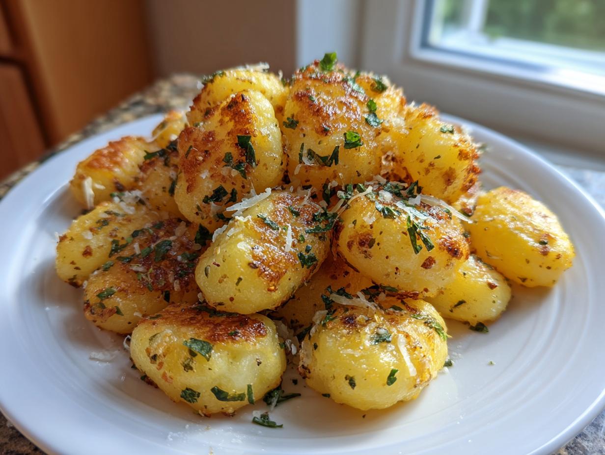 A pile of golden brown, crispy air fryer gnocchi seasoned with parsley and grated Parmesan cheese on a white plate.