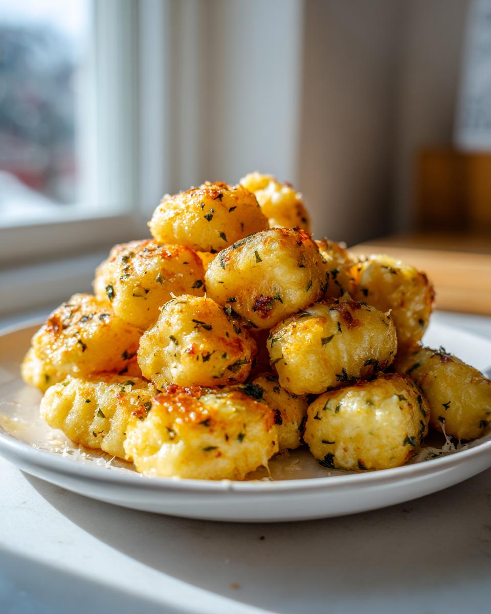 Golden brown, crispy air fryer gnocchi piled high on a white plate, seasoned with herbs.