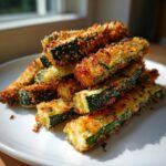 A pile of golden brown, crispy baked parmesan zucchini sticks stacked on a white plate.