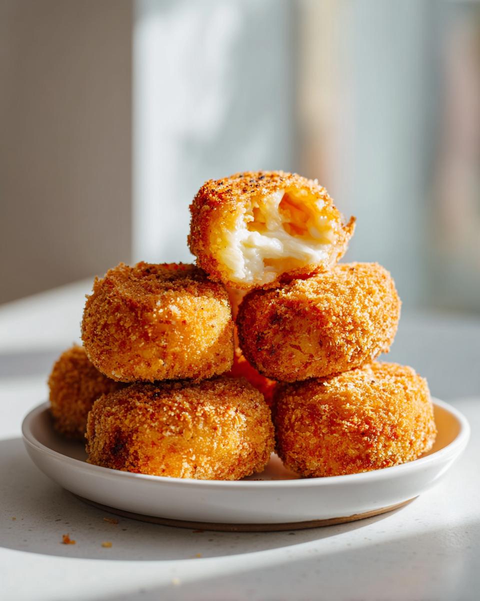 A stack of golden, crispy potato croquettes, one broken open revealing a melted cheese center.