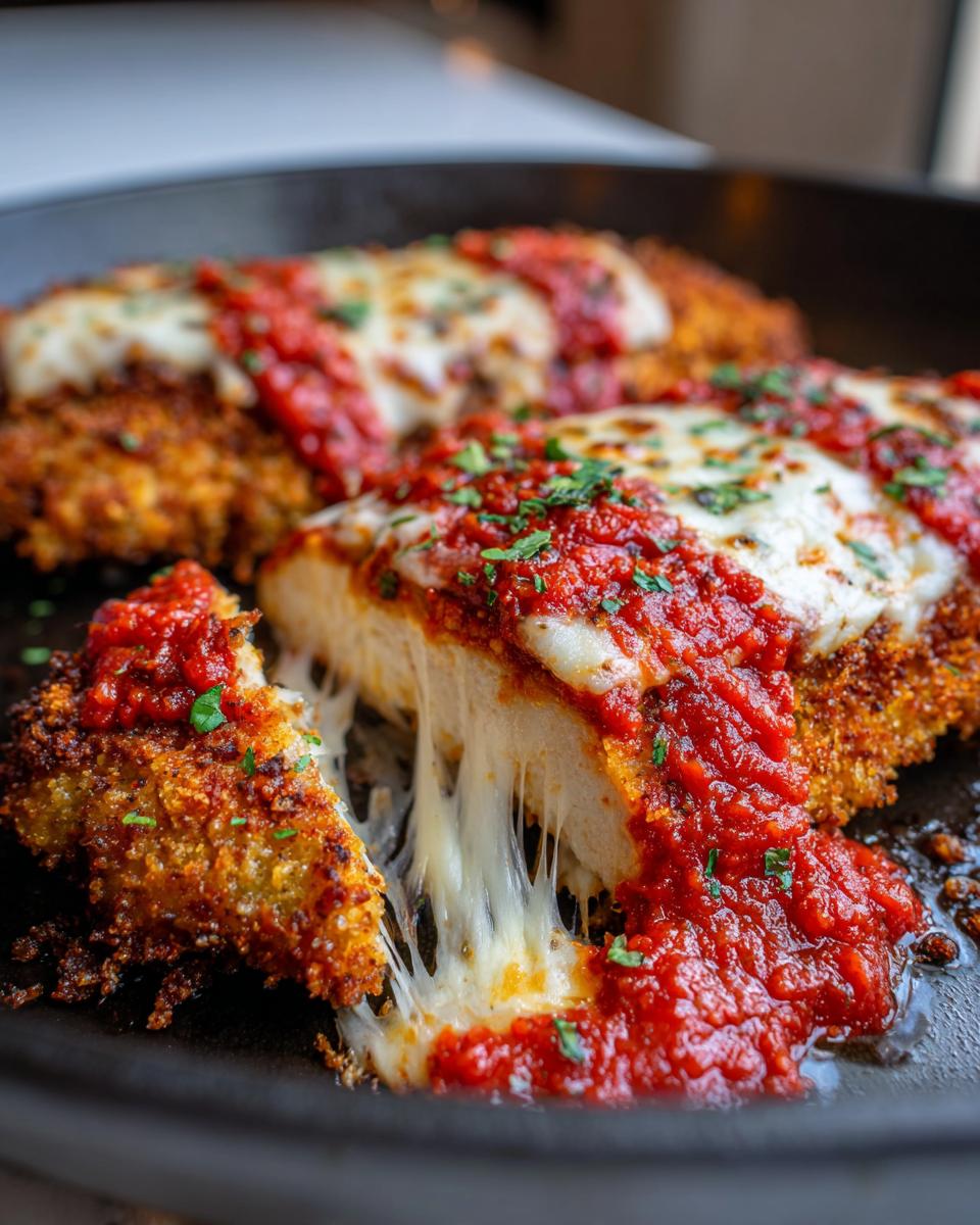 Close-up of a crispy chicken parmesan recipe cut open, showing a dramatic cheese pull and marinara sauce.