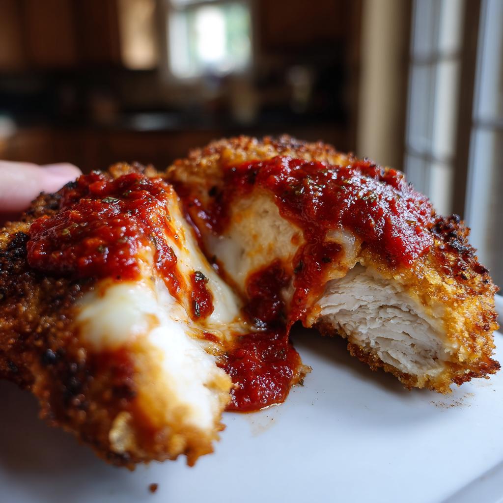 Close-up of a crispy chicken parmesan recipe cut in half showing melted mozzarella cheese and marinara sauce.