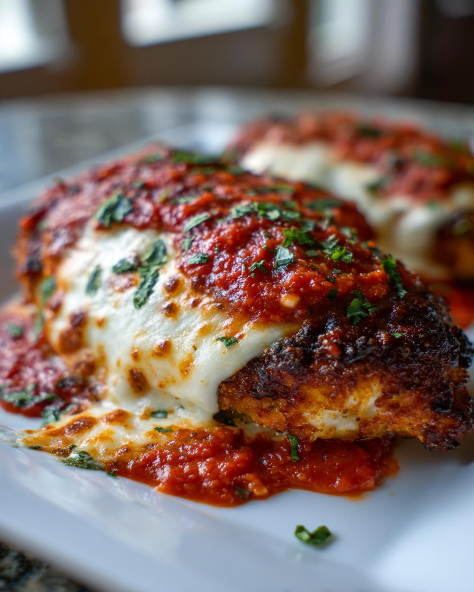 Close-up of a crispy chicken parmesan recipe breast topped with melted mozzarella and rich tomato sauce.