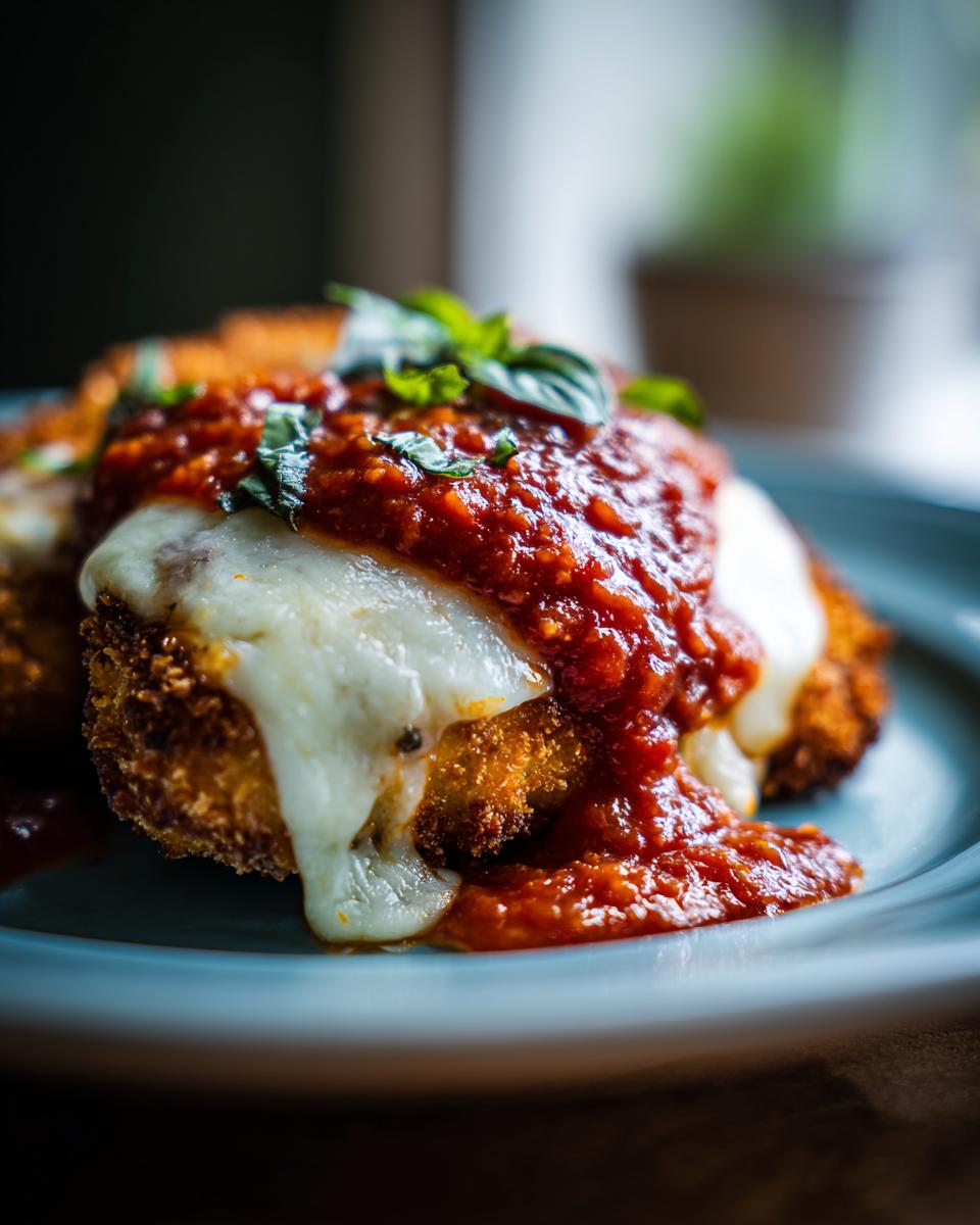 Close-up of a crispy chicken parmesan recipe piece topped with melted mozzarella and rich marinara sauce, garnished with basil.