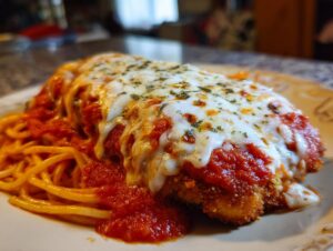 A close-up of a crispy chicken parmesan recipe served over spaghetti, covered in marinara sauce and melted mozzarella cheese.
