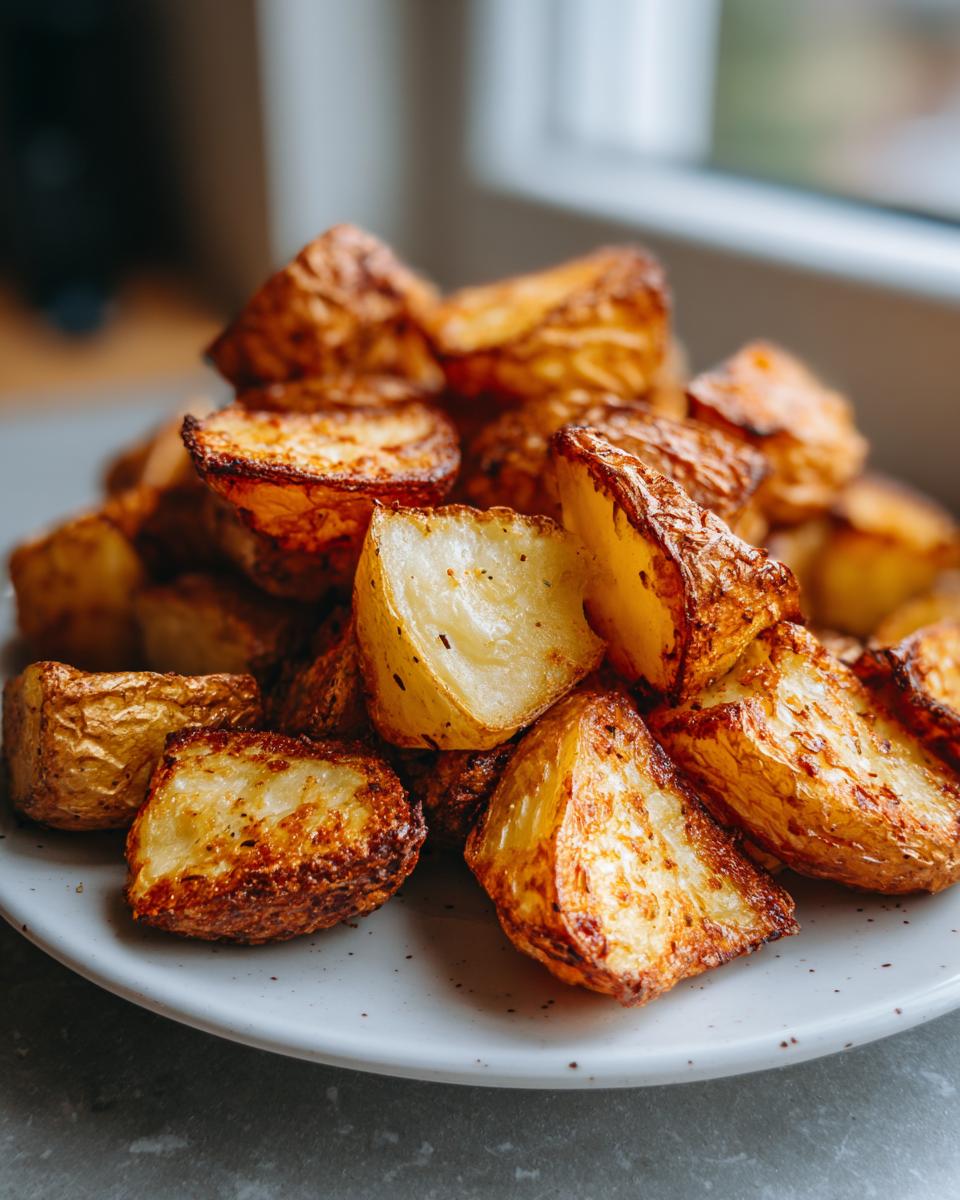 Close-up of a pile of golden brown, crispy oven roasted potatoes seasoned with pepper.