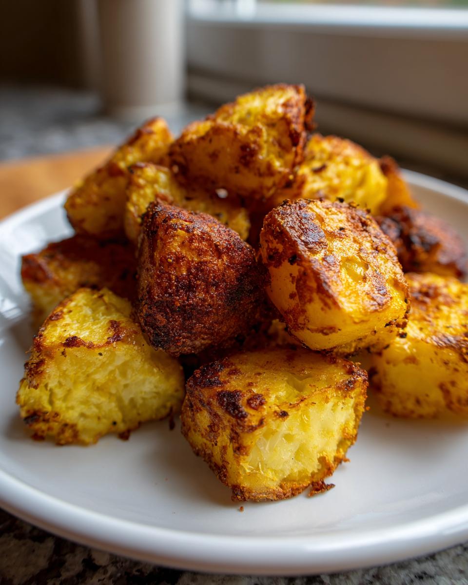 A close-up of golden brown, fluffy oven roasted potatoes piled high on a white plate.
