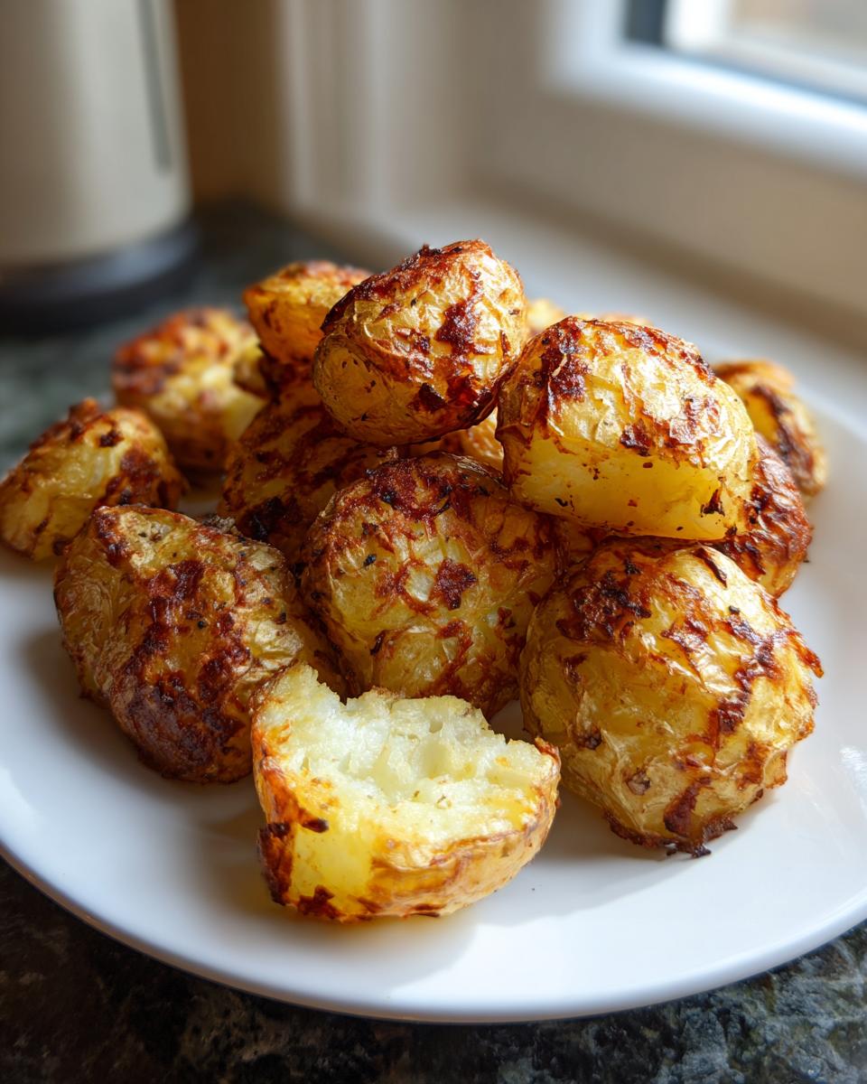 A pile of golden brown, crispy oven roasted potatoes served on a white plate, one potato is broken open.