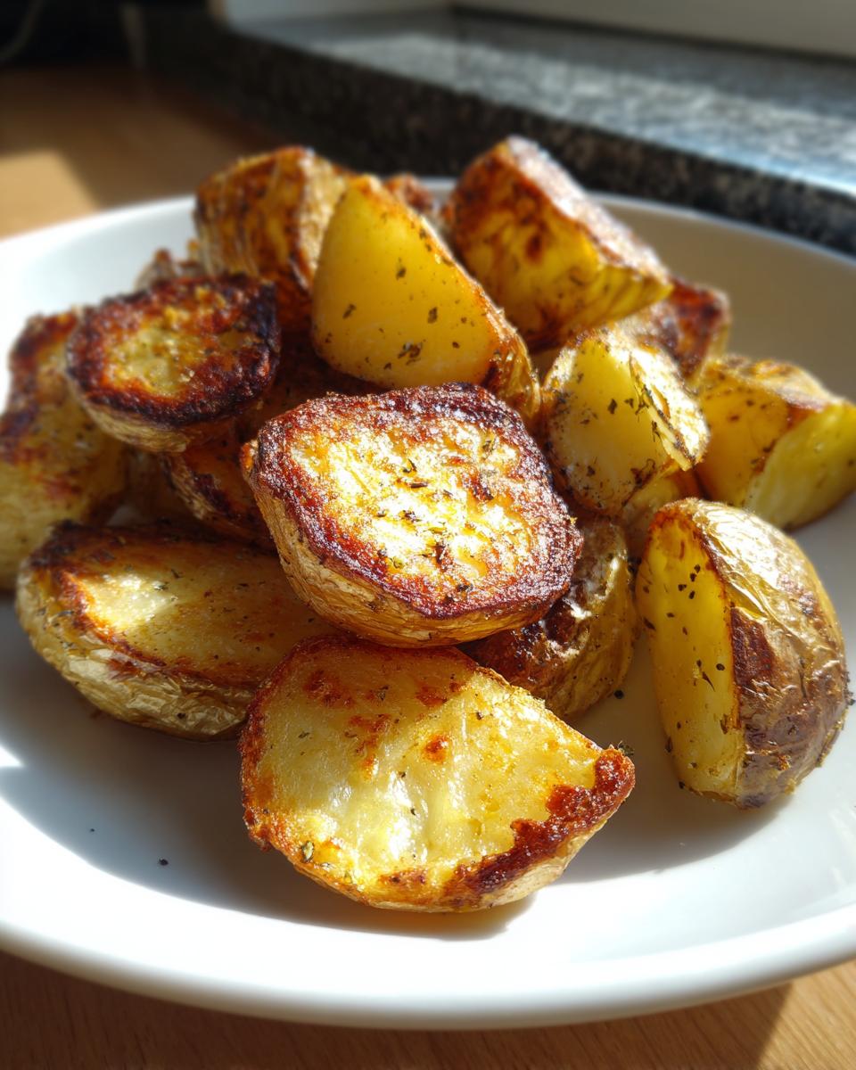 A close-up of golden brown, crispy oven roasted potatoes seasoned with herbs, piled on a white plate.