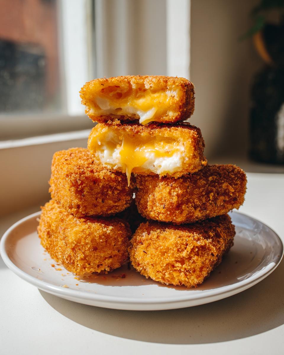 Stack of crispy, golden brown potato croquettes with melted cheese oozing out of the cut ones.