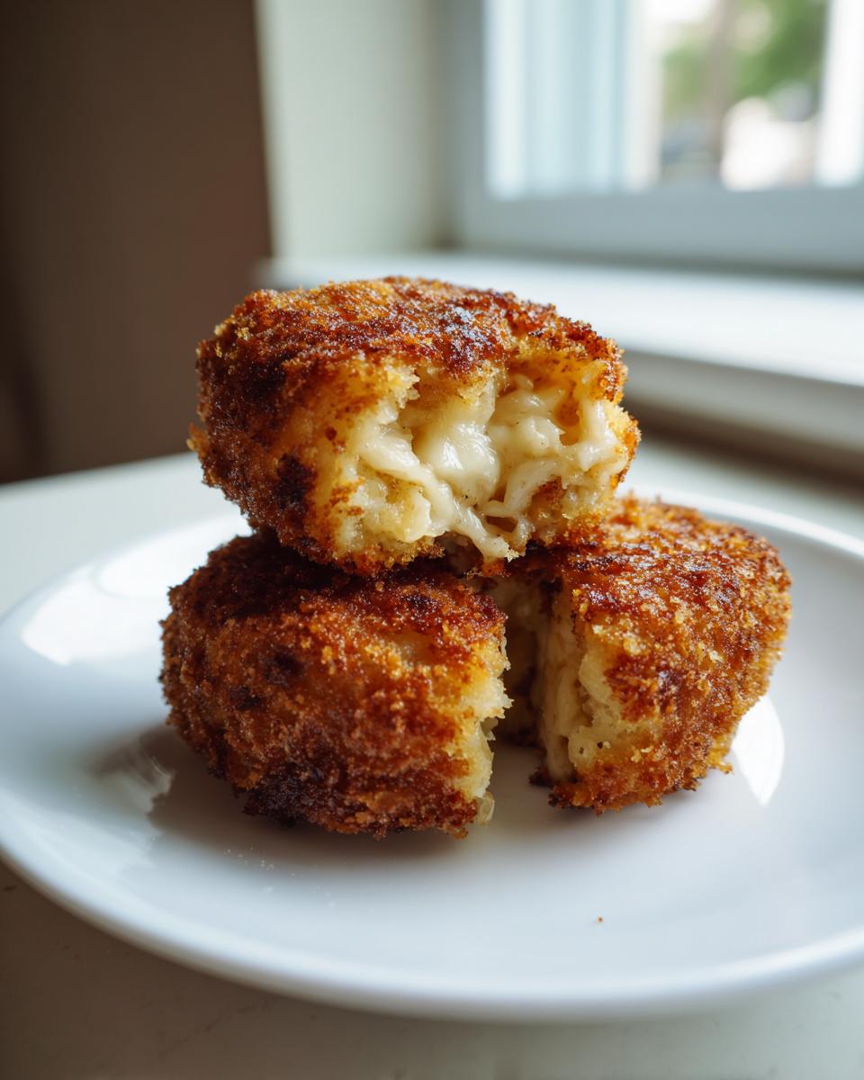 Two golden brown, crispy potato croquettes stacked on a white plate, one cut open revealing a creamy, cheesy interior.
