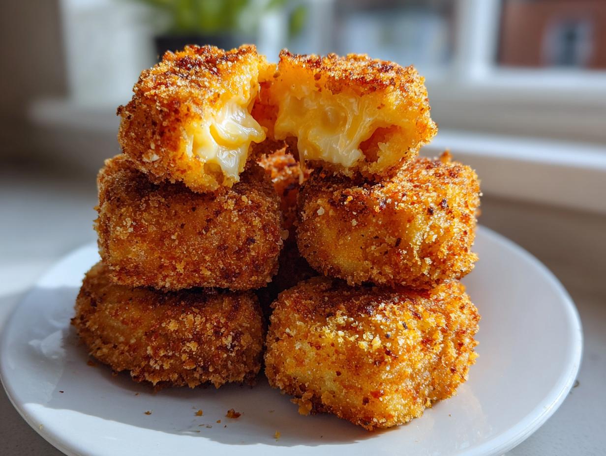 A stack of golden brown, crispy potato croquettes with one broken open revealing a melted, cheesy interior.