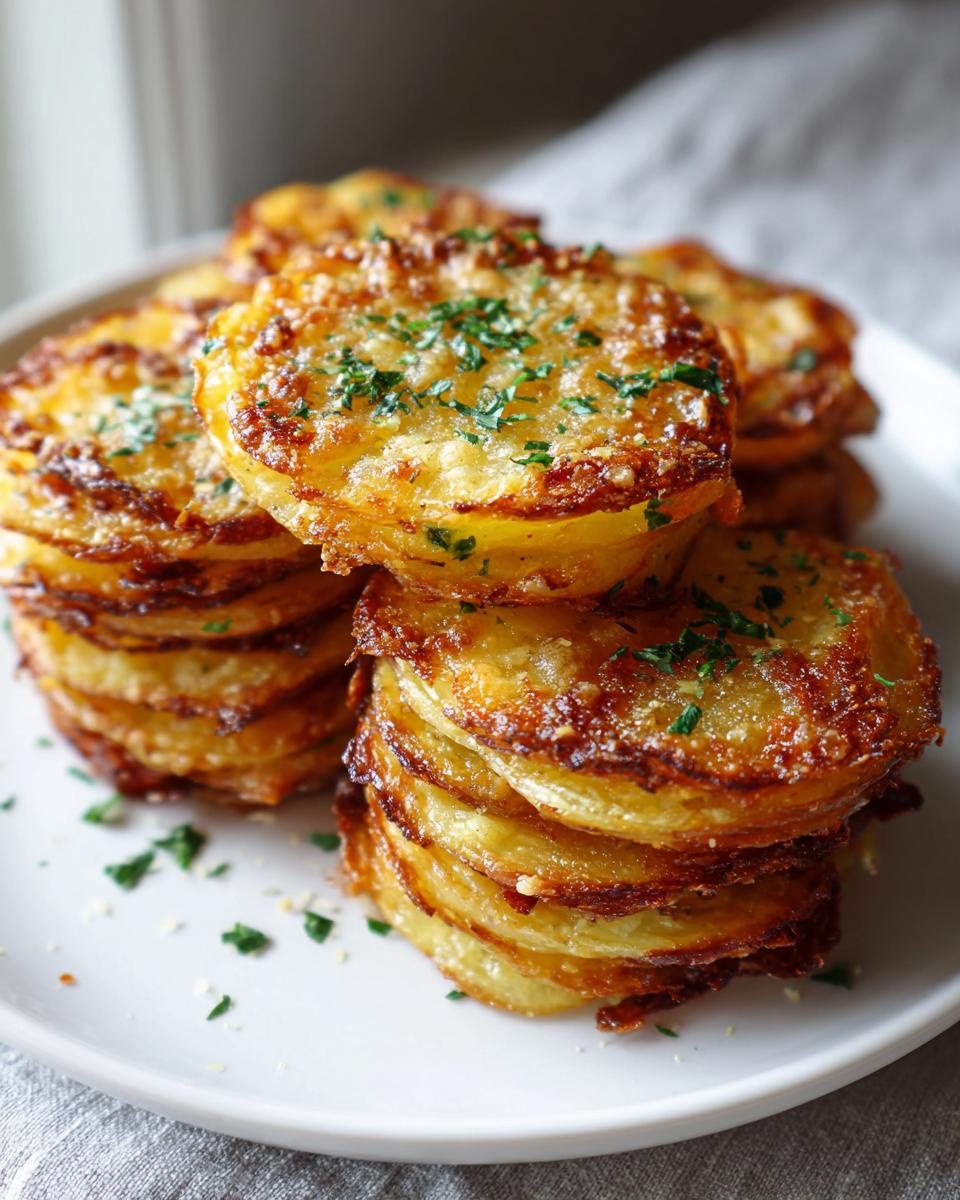 Close-up of two stacks of golden brown, crispy potato stacks garnished with fresh parsley.