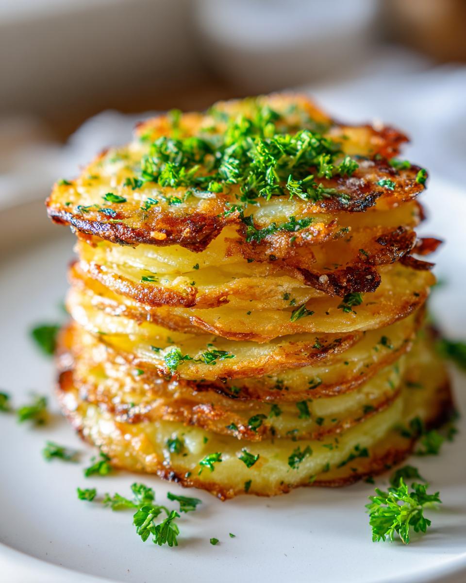 A tall stack of crispy, golden-brown potato stacks, topped with fresh chopped parsley.
