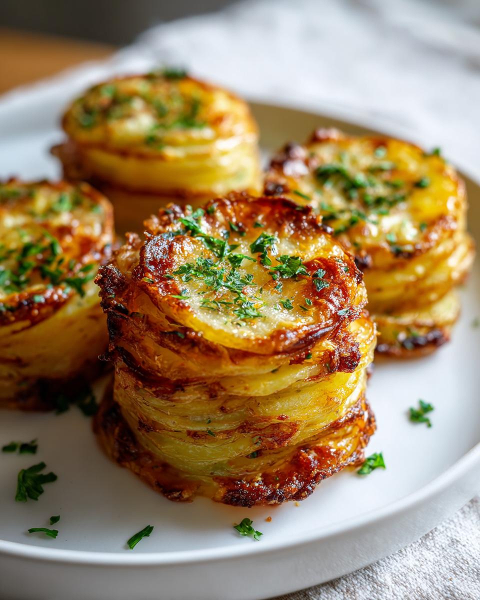 Close-up of four golden brown, crispy potato stacks garnished with fresh chopped parsley on a white plate.
