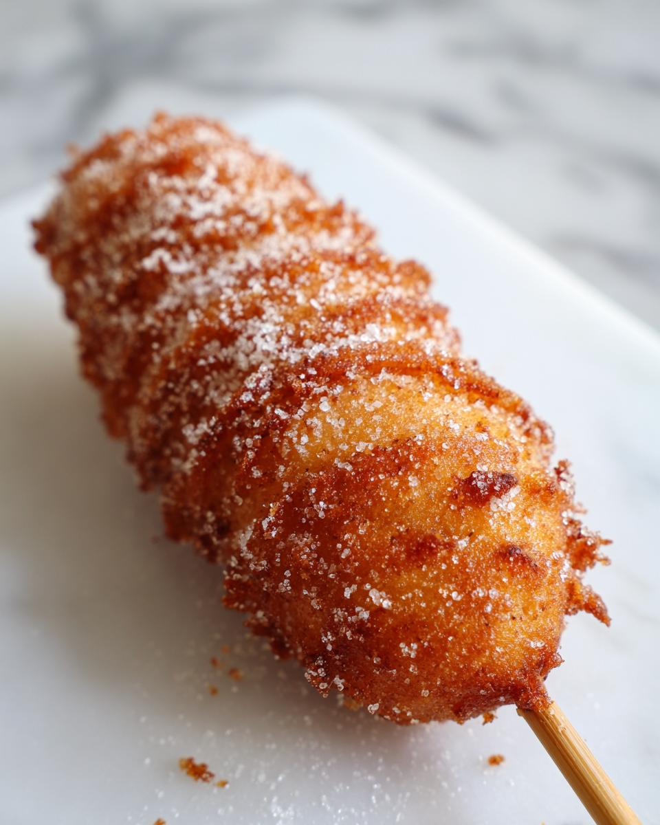 Close-up of a perfectly fried korean corn dog coated generously in granulated sugar, served on a white surface.