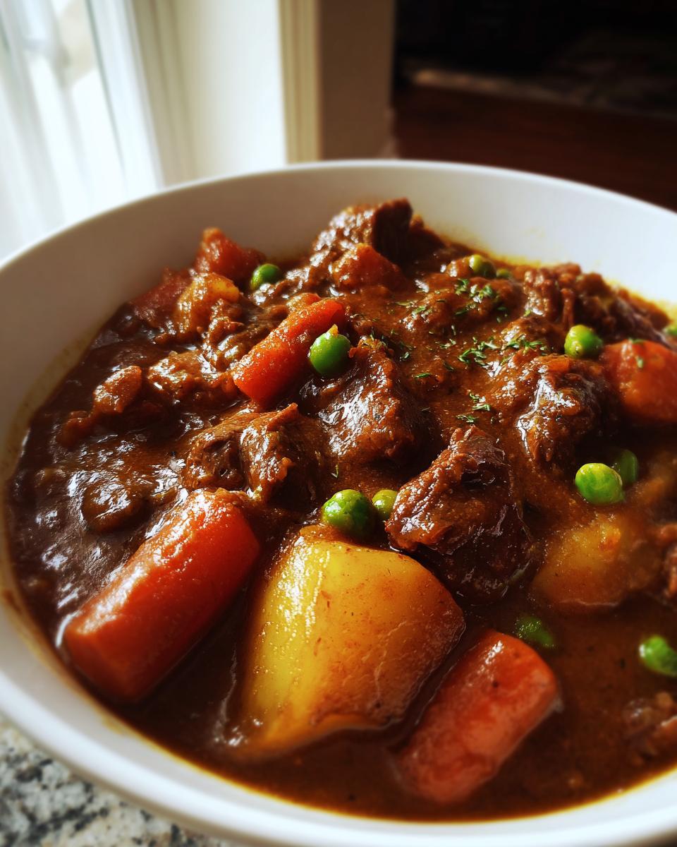 Close-up of rich, dark crockpot beef stew with chunks of beef, carrots, potatoes, and peas, garnished with herbs.