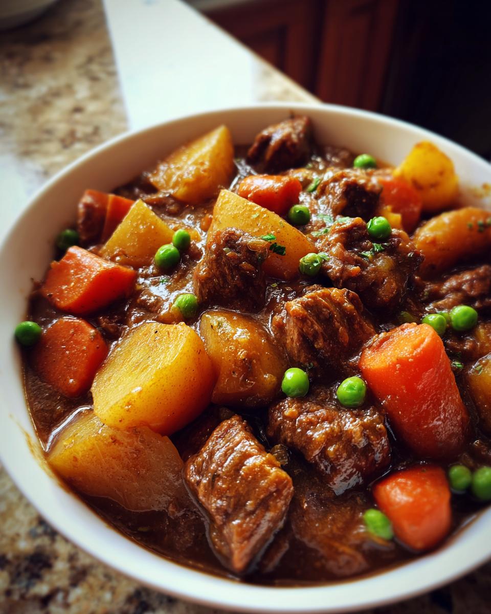 Close-up of a white bowl filled with rich, brown crockpot beef stew chunks, potatoes, carrots, and green peas.