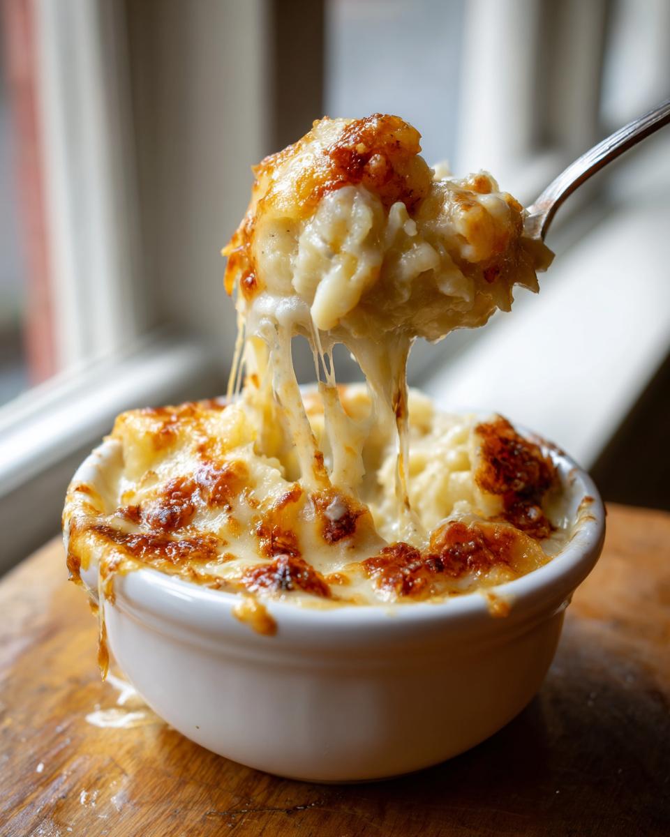 A spoonful of creamy crockpot cheesy potatoes being lifted, showing dramatic cheese pulls.