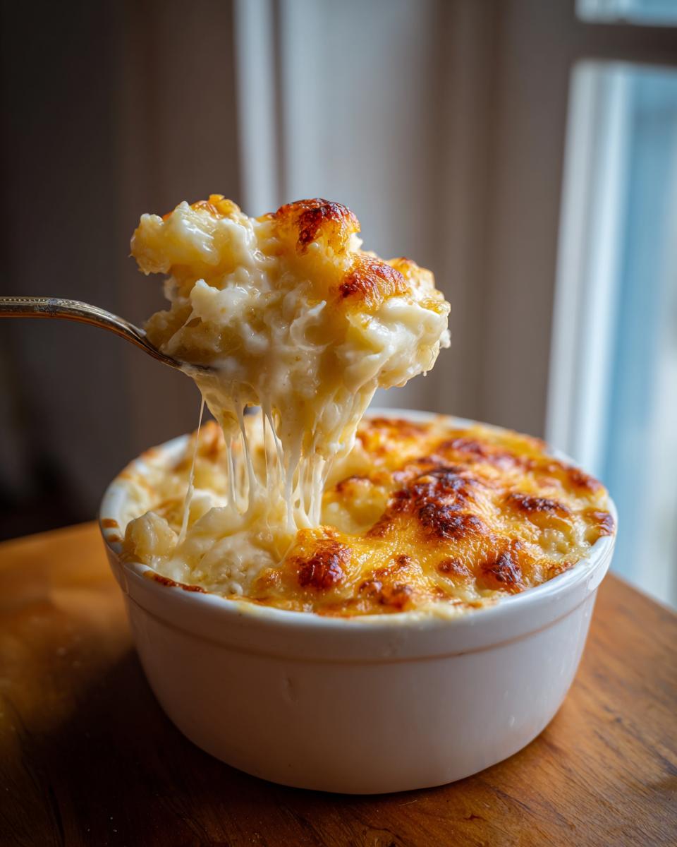 A spoonful of creamy crockpot cheesy potatoes showing long, melted cheese pulls from a white serving bowl.